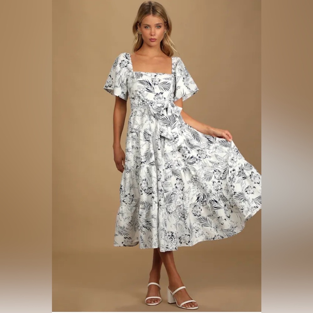 Lulu’s Tropical Sunshine White Floral Print Tiered Midi Dress size xl